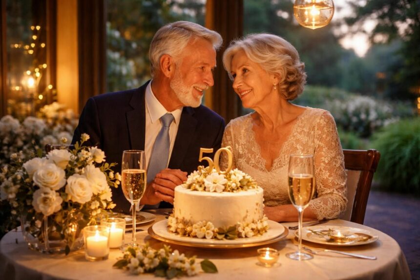 Célébration intime de vos 50 ans de mariage célébrez vos 50 ans de mariage avec une fête intime et élégante, pleine d'amour et de souvenirs précieux.