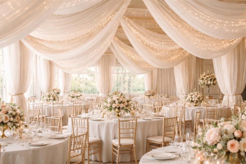 Découvrez comment les tentures au plafond pour un mariage peuvent transformer votre salle découvrez comment les tentures au plafond peuvent métamorphoser votre salle de mariage en un lieu élégant et magique, créant une ambiance chaleureuse et inoubliable pour votre grand jour.