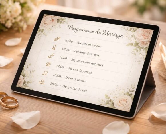 Déroulé de cérémonie de mariage préparé sur tablette tactile Microsoft découvrez comment organiser le déroulé de votre cérémonie de mariage de manière innovante avec une tablette tactile microsoft pour une préparation fluide et moderne.