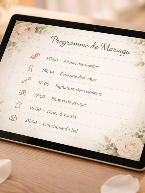 Déroulé de cérémonie de mariage préparé sur tablette tactile Microsoft découvrez comment organiser le déroulé de votre cérémonie de mariage de manière innovante avec une tablette tactile microsoft pour une préparation fluide et moderne.