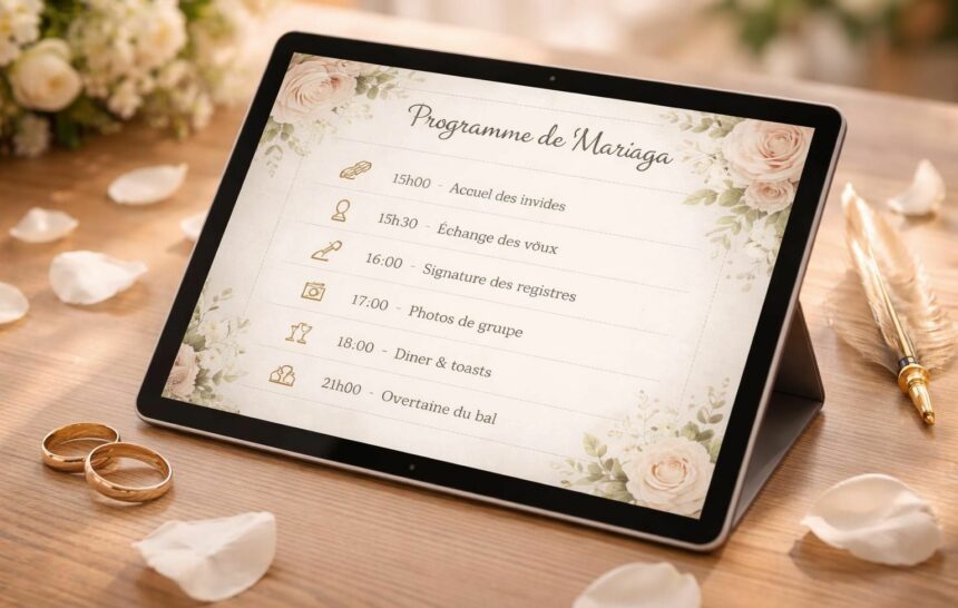 Déroulé de cérémonie de mariage préparé sur tablette tactile Microsoft découvrez comment organiser le déroulé de votre cérémonie de mariage de manière innovante avec une tablette tactile microsoft pour une préparation fluide et moderne.