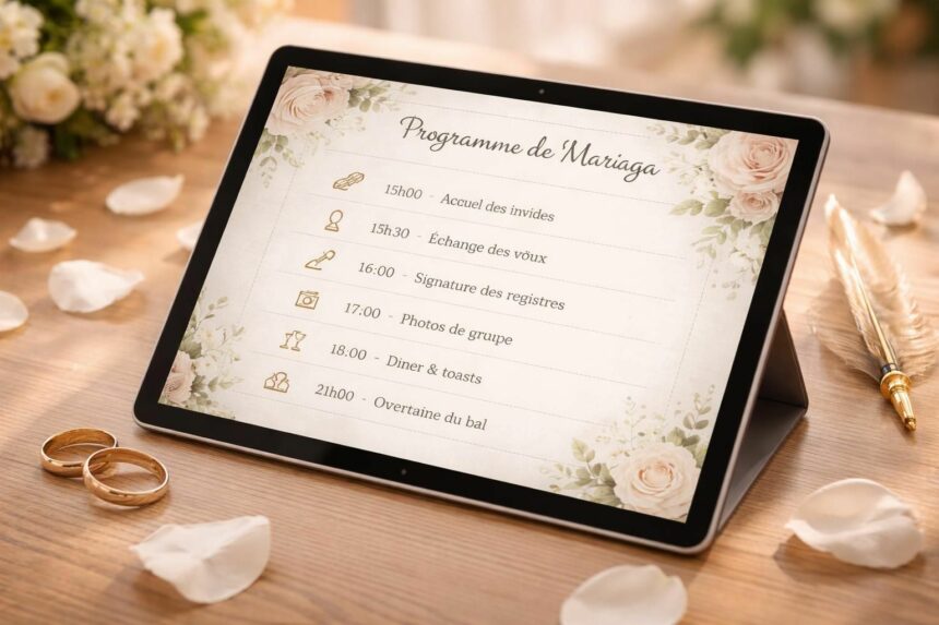 Déroulé de cérémonie de mariage préparé sur tablette tactile Microsoft découvrez comment organiser le déroulé de votre cérémonie de mariage de manière innovante avec une tablette tactile microsoft pour une préparation fluide et moderne.