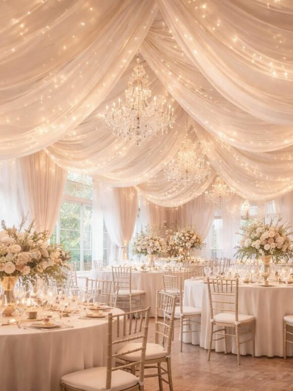Tissu au plafond pour un mariage : transformez votre lieu en rêve féérique découvrez comment utiliser un tissu au plafond pour sublimer votre lieu de mariage et créer une ambiance féérique digne d'un conte de fées.