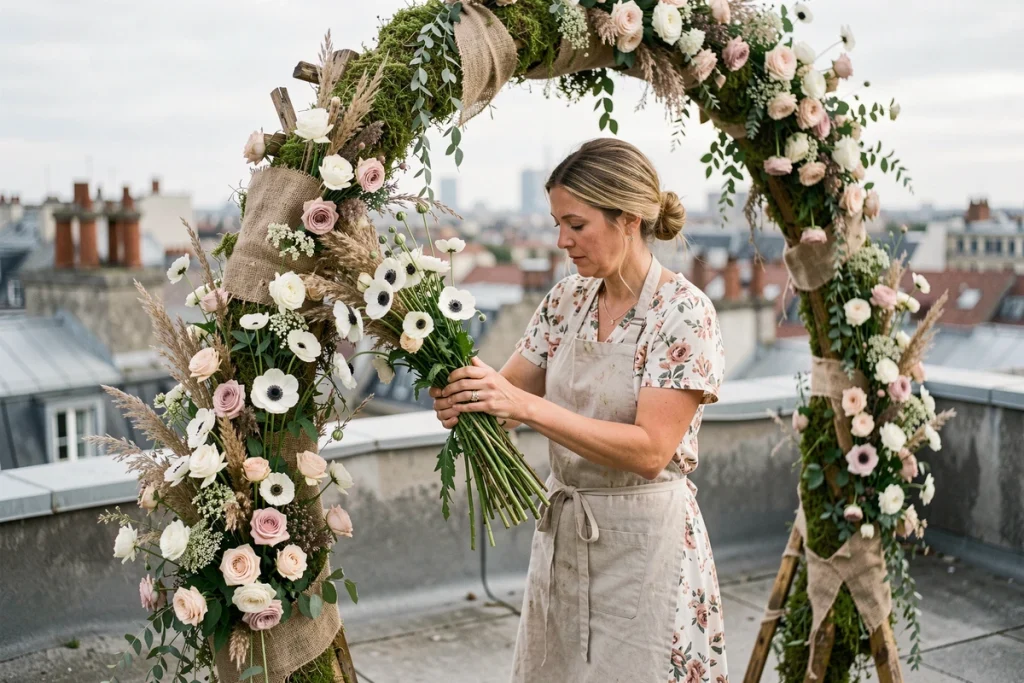 Fleuriste installant une arche champêtre en fleurs sauvages sur une terrasse urbaine avec le panorama de la ville en arrière-plan