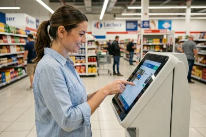 Femme utilisant une borne photo selfie en libre-service dans un hypermarché Leclerc