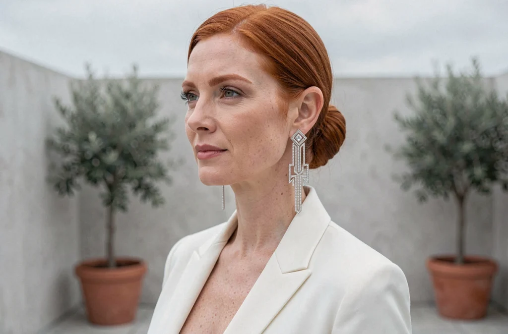 Femme rousse avec chignon français portant des boucles d'oreilles art déco en argent cristal pour un mariage moderne