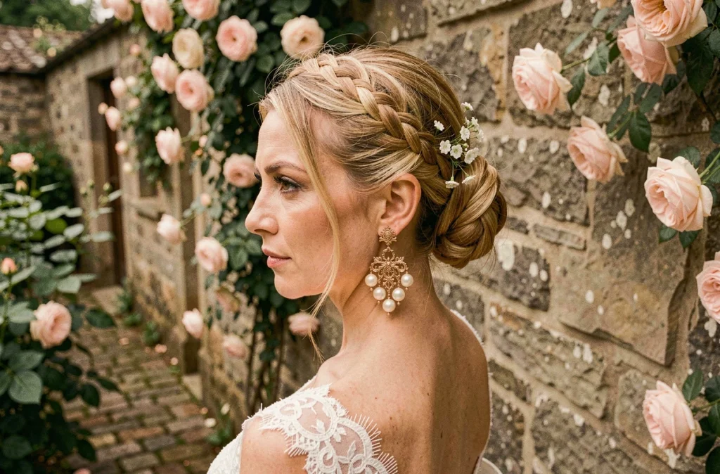 Femme blonde avec chignon tressé fleuri et boucles d'oreilles vintage en or rose et perles pour un mariage champêtre