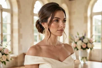 Femme en robe de mariée ivoire portant des boucles d'oreilles dorées avec perles, chignon élégant dans un château français