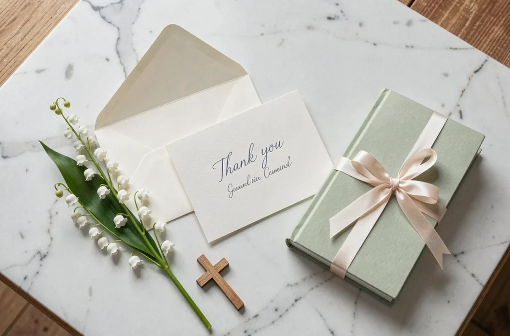 Flat-lay élégant d'une carte de remerciement manuscrite avec enveloppe et muguet pour un baptême ou une communion