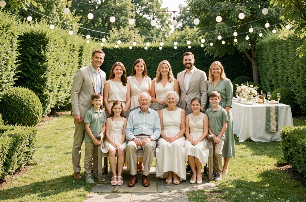 Famille multigénérationnelle réunie dans un jardin pour fêter les 50 ans de mariage des grands-parents