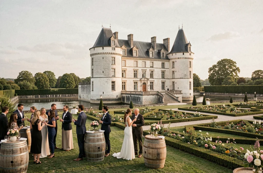 Château de Chamerolles à Chilleurs-aux-Bois avec jardin Renaissance en fleurs et cocktail de mariage sur la terrasse du château