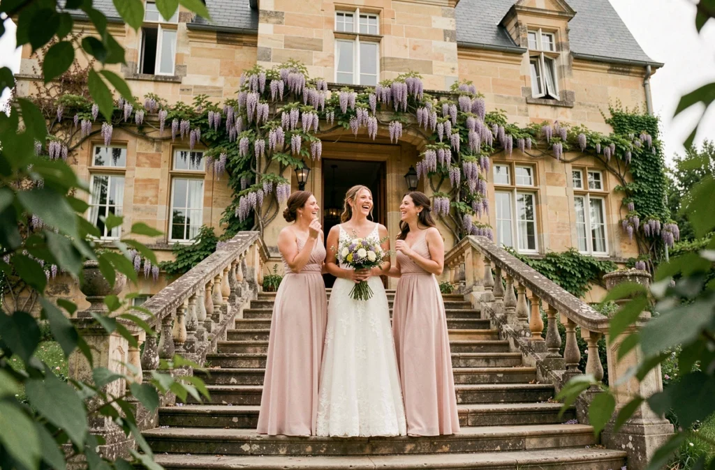 Château de Changy dans le Loiret avec un groupe de mariés sur le perron en pierre, entourés de glycine en fleurs