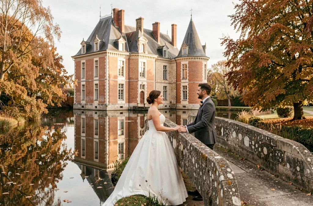 Château de La Bussière avec ses douves en miroir et un couple de mariés traversant le pont en pierre sous les arbres d'automne