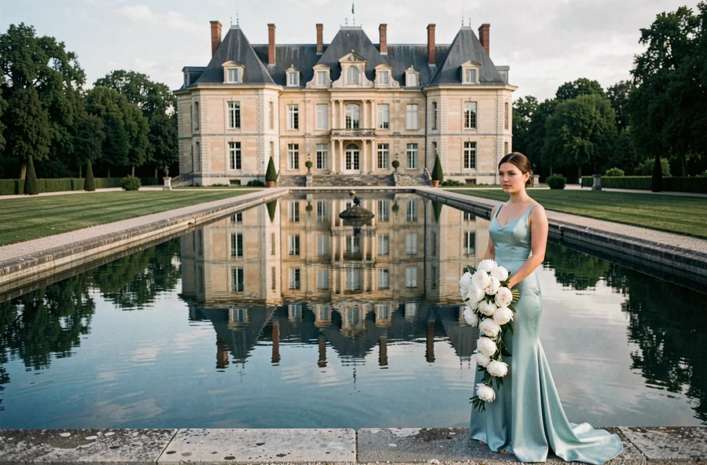 Château de Villette avec son bassin réfléchissant la façade classique et une mariée en robe de soie au bord de l'eau