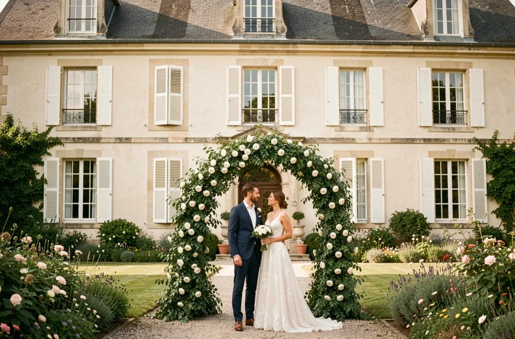 Château du Bézy à Chaingy avec un couple de mariés sous un arc floral naturel dans la cour pavée du domaine