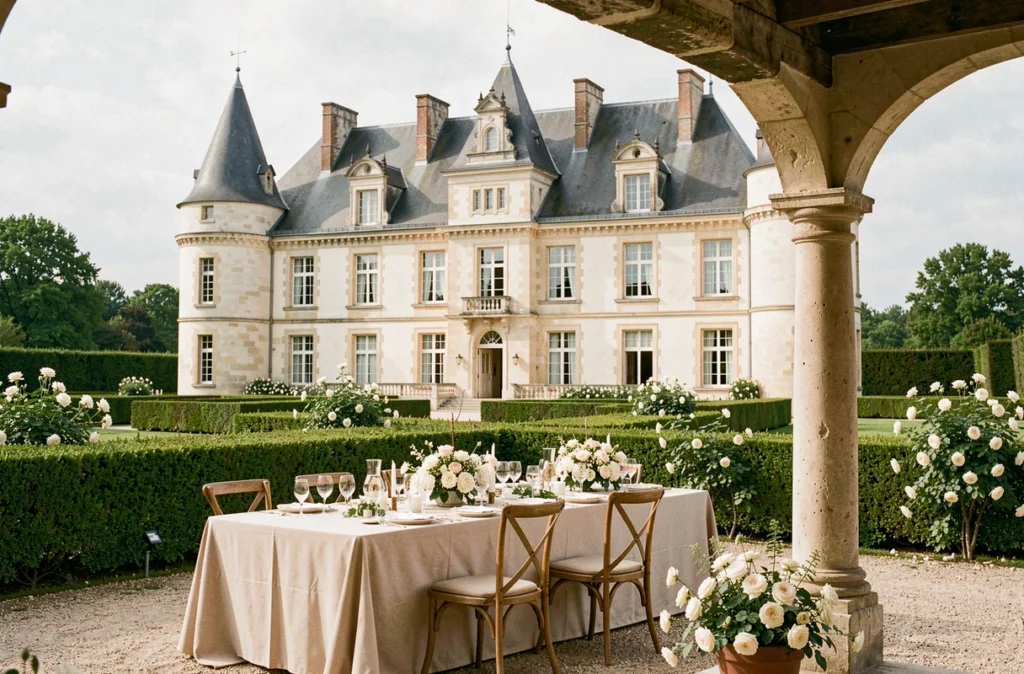 Château du Rollin à La Chapelle-Saint-Mesmin, décoration de mariage avec tables dressées dans le jardin face aux tours en ardoise