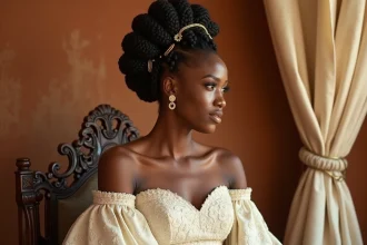 Femme africaine en robe de mariée ivoire avec une coiffure natte africaine traditionnelle ornée de perles et d'accessoires dorés