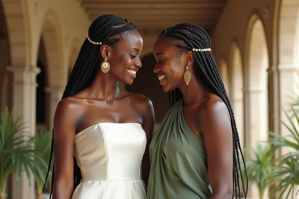 Mariée africaine et demoiselle d'honneur avec des coiffures nattes couronne ornées de fils de soie ivoire et or dans un cadre intérieur élégant