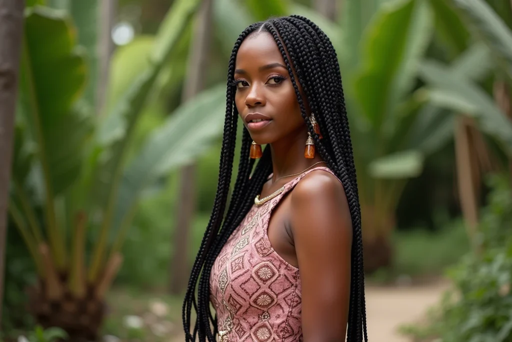 Mariée africaine en plein air portant des tresses fulani modernes avec des fils cuivrés et des pendentifs en ambre sur robe Ankara rose