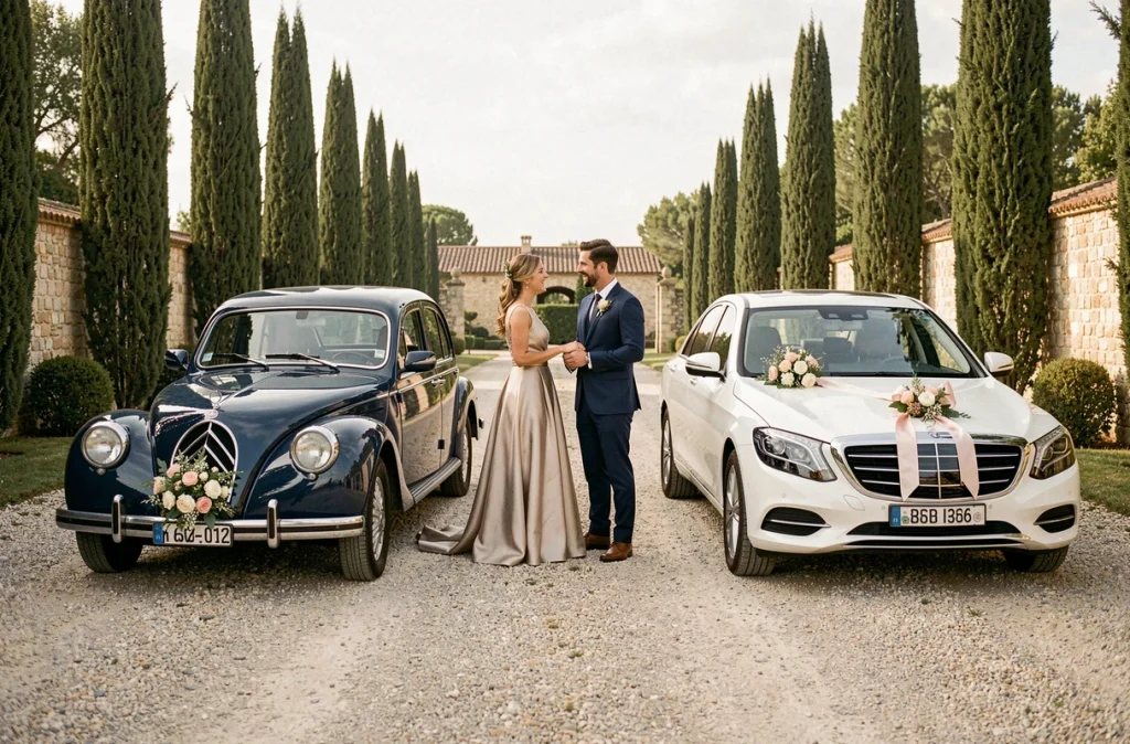 Couple de mariés riant entre une Citroën Traction Avant vintage et une Mercedes moderne sur une allée de domaine en pierre près de Toulouse