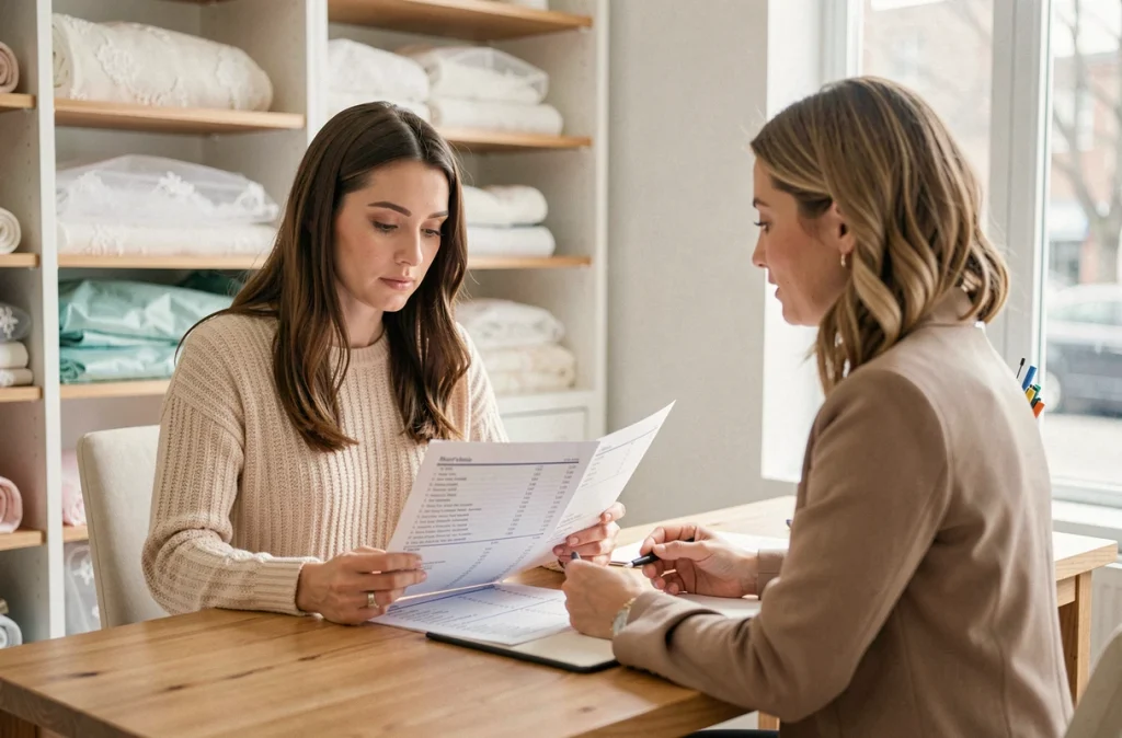 Mariée en consultation avec une conseillère en robe de mariée discutant du budget et du prix devant une liste tarifaire imprimée