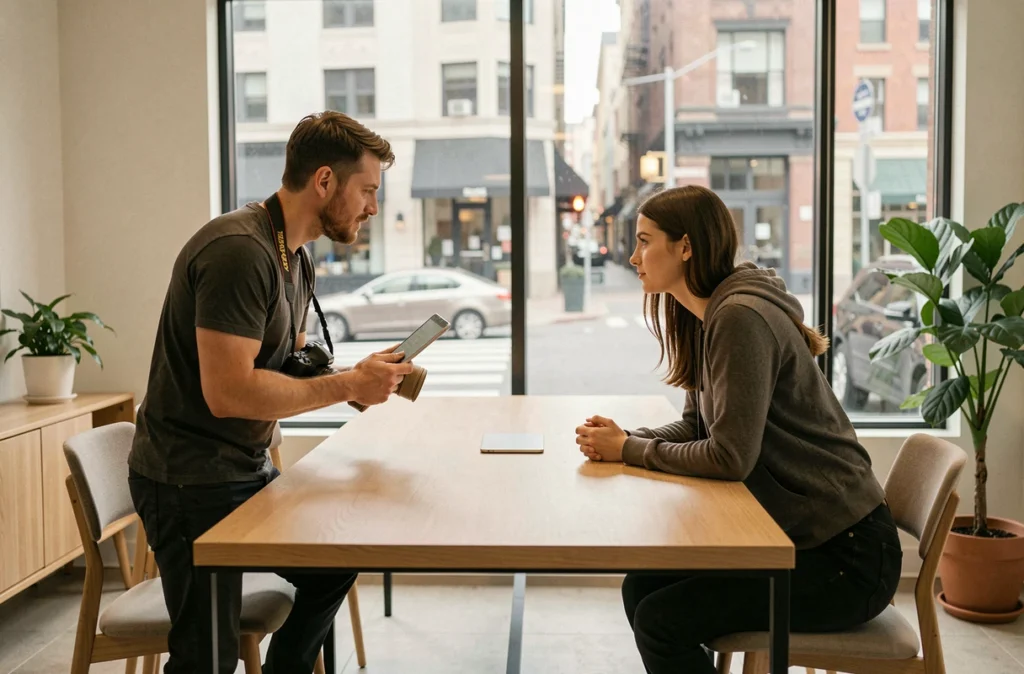 Séance de consultation avec un photographe à Brignais pour choisir la formule adaptée à un couple