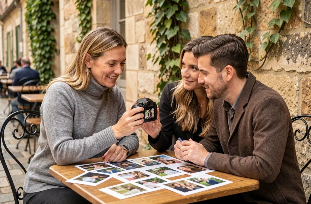 Photographe en séance de consultation avec des clients à la terrasse d'un café de Provins, photos sur la table