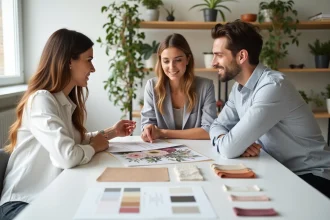 Couple consultant un wedding planner entouré de planches tendances et d'échantillons de tissu pour un mariage en 2026