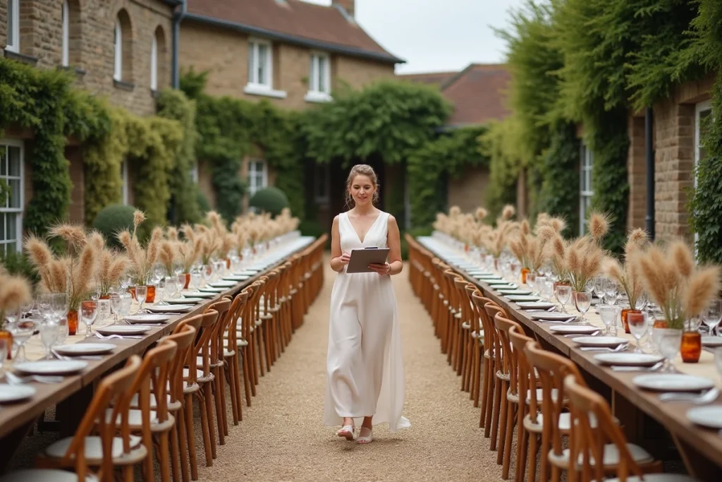 Coordinatrice de mariage vérifiant la décoration extérieure d'un domaine avec des détails tendance en terracotta et herbes de la pampa