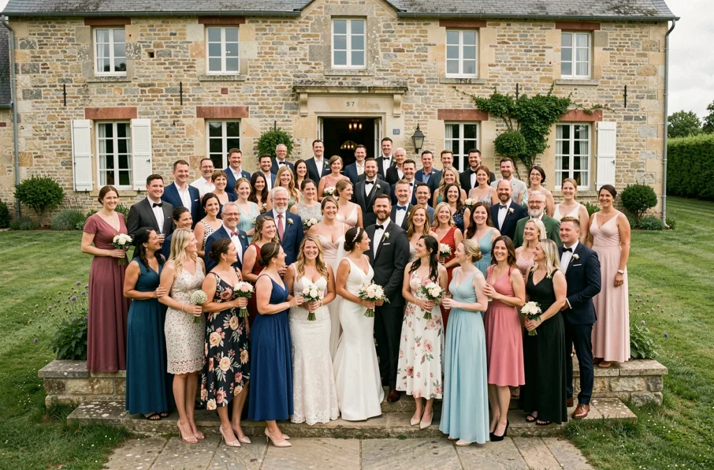 Grande fête de mariage réunie devant un domaine rural du Loiret lors d'un reportage événementiel par Coralimage