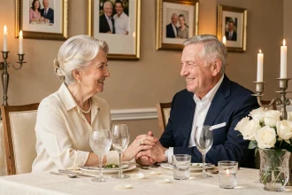 Couple de personnes âgées tenant la main lors de leur anniversaire de noces d'or autour d'une table élégamment dressée