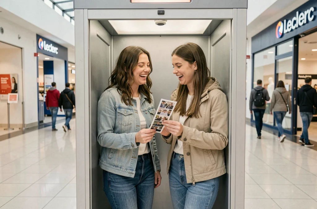Couple regardant des photos imprimées devant une borne photo selfie dans un centre commercial Leclerc
