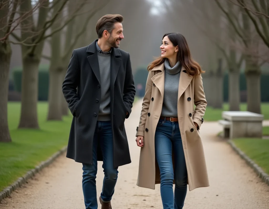 Couple discret se promenant dans un jardin parisien, symbolisant la protection de la vie amoureuse loin des médias