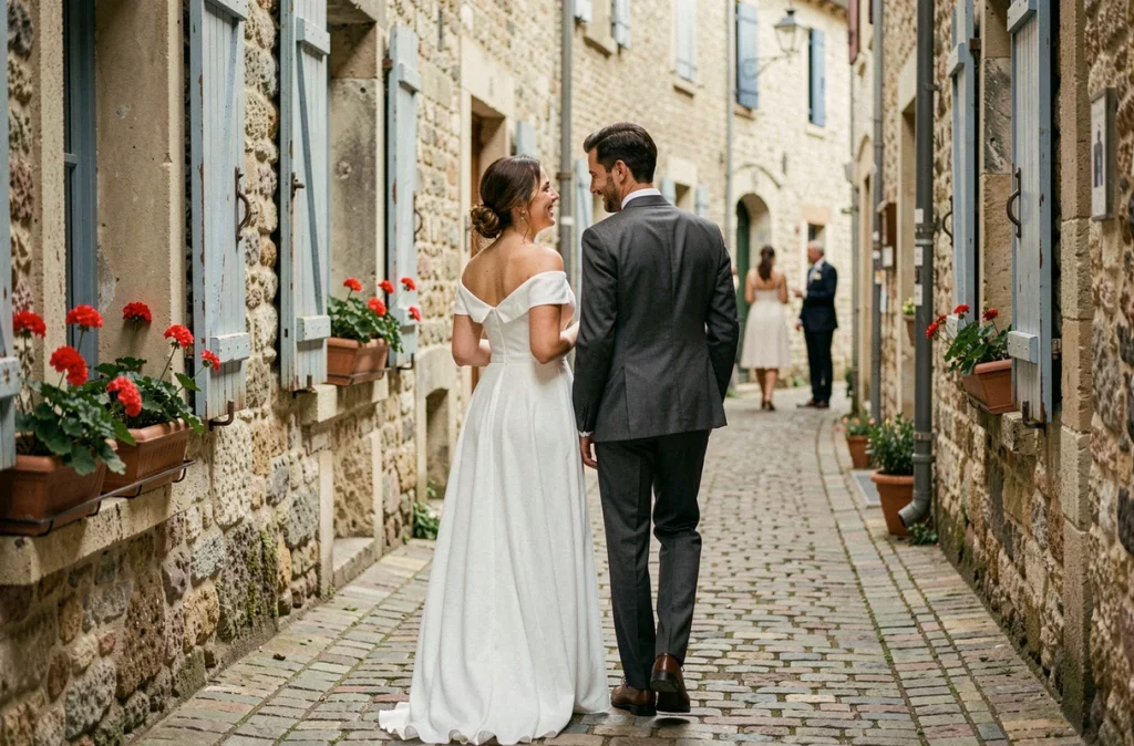 Couple de mariés marchant dans une ruelle pavée d'un village français, style documentaire film de mariage little story