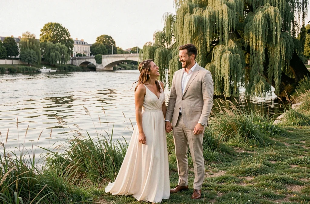 Mariés riant spontanément au bord de la Loire lors d'un reportage photo mariage à Orléans par David Carquet