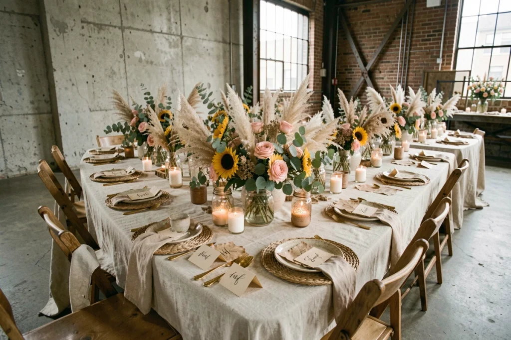 Table de mariage champêtre dressée dans un loft industriel urbain avec décoration naturelle en lin, fleurs séchées et vaisselle en céramique