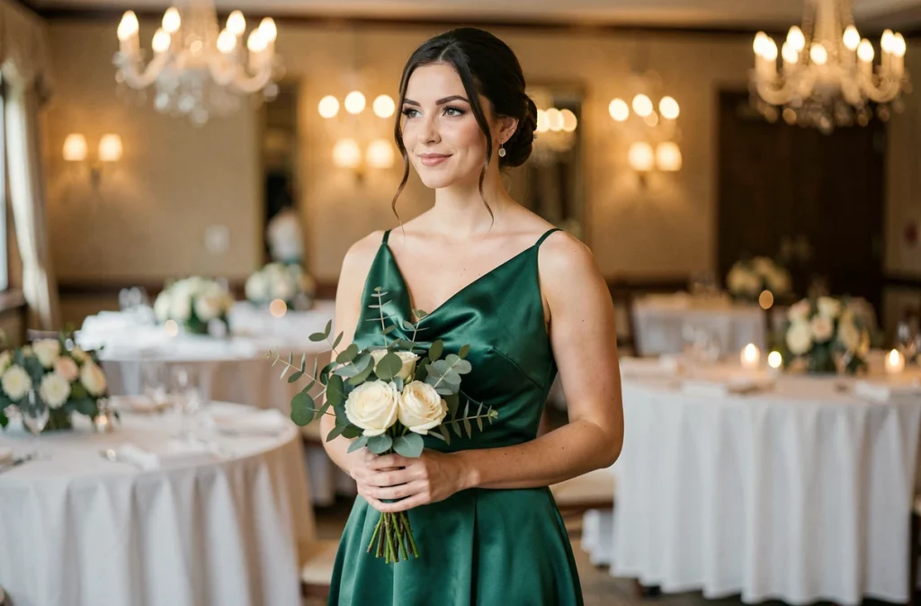 Demoiselle d'honneur en robe verte longue en satin dans une salle de réception de mariage