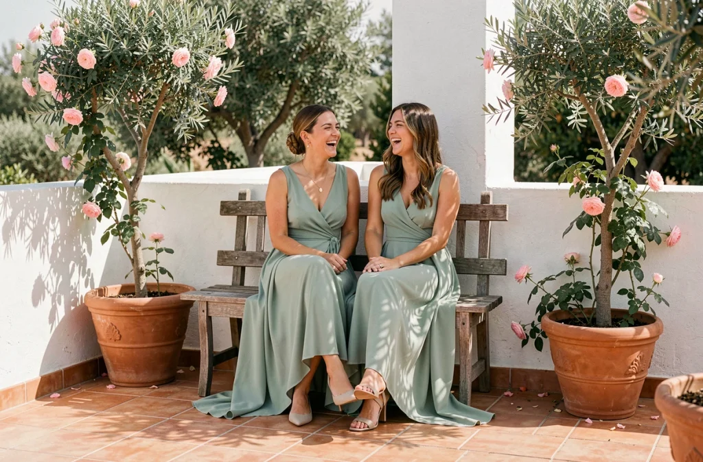 Deux demoiselles d'honneur en robes vertes sauge assises sur une terrasse méditerranéenne lors d'un mariage