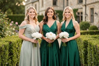 Trois demoiselles d'honneur en robes vertes coordonnées dans un jardin lors d'un mariage champêtre