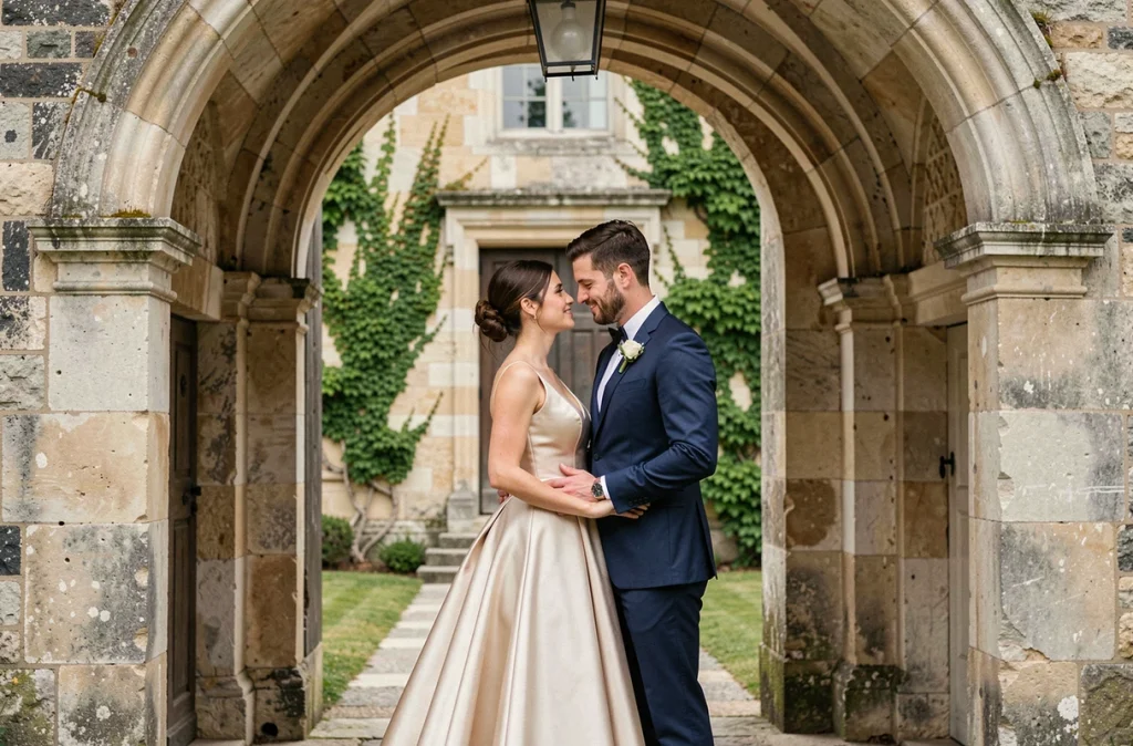 Couple élégant posant dans un château de la Loire lors d'un reportage mariage haut de gamme par Denouvel Studio