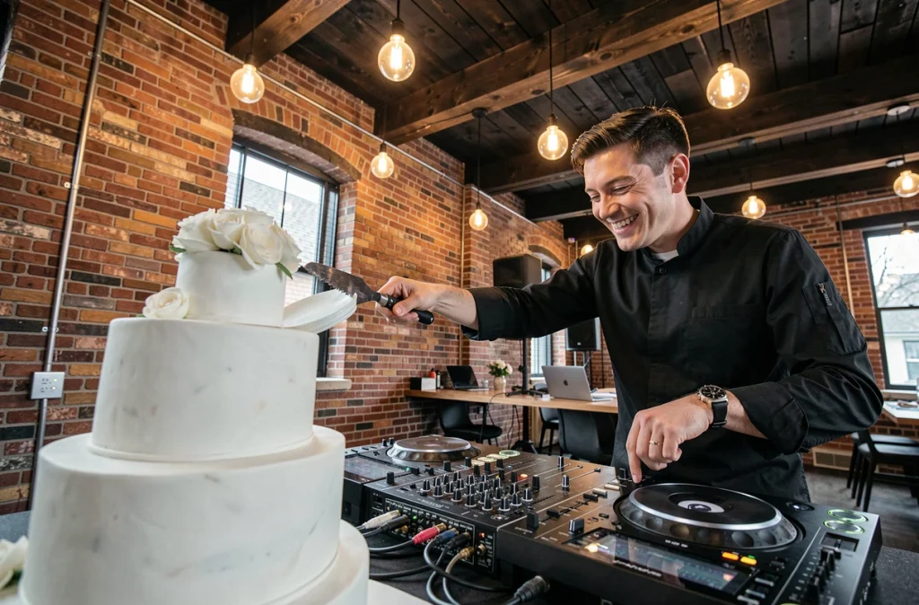 DJ en action et chef pâtissier finalisant le gâteau des mariés dans une salle de réception style industriel