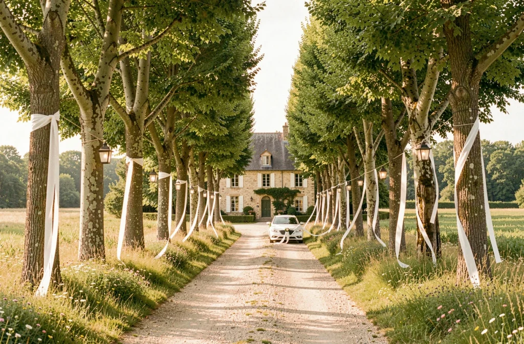 Domaine de l'Oiselière avec son allée d'arbres décorée de lanternes pour un mariage, menant à une ferme en pierre du Loiret