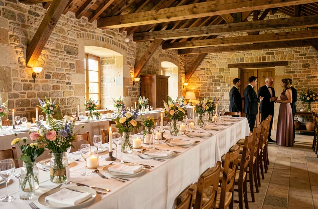Domaine des Médards à Beaulieu-sur-Loire, salle de réception en pierre avec tables de mariage dressées sous des poutres en bois