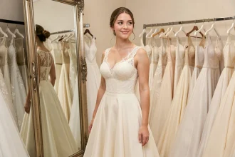Jeune femme essayant une robe de mariée ivoire en boutique devant un miroir, souriant avec satisfaction entourée de robes blanches