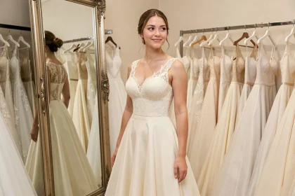 Jeune femme essayant une robe de mariée ivoire en boutique devant un miroir, souriant avec satisfaction entourée de robes blanches