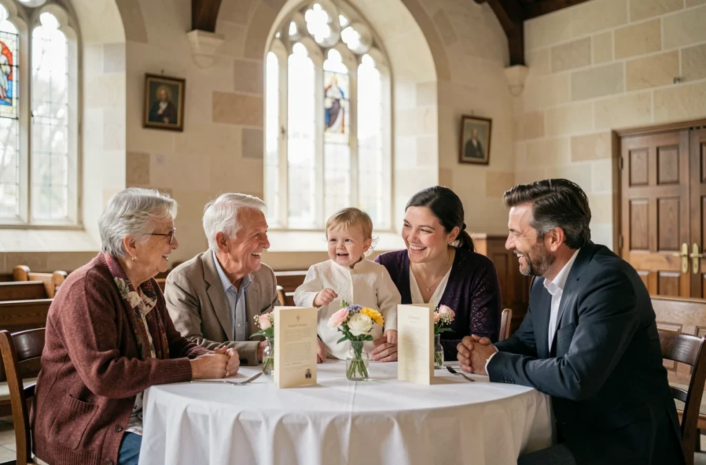 Famille réunie autour d'une table décorée lors d'une cérémonie de baptême ou de communion dans une salle paroissiale française