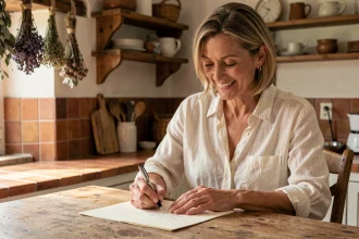 Femme écrivant un mot de remerciement pour un baptême ou une communion à une table en bois dans une cuisine rustique