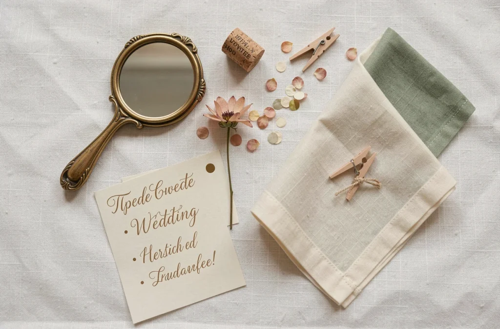 Flatlay d'objets du quotidien soigneusement disposés sur du lin blanc comme accessoires pour les jeux du mariage