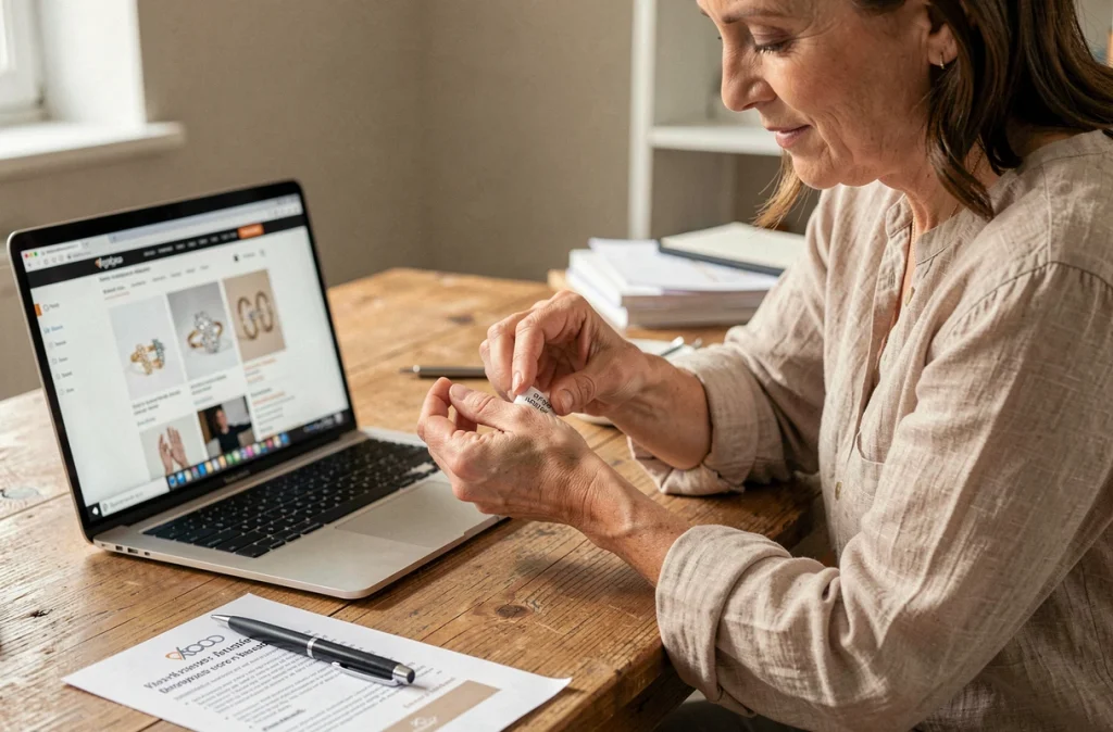 Femme utilisant un gabarit de bague en papier imprimé pour trouver sa taille de bague devant un ordinateur portable