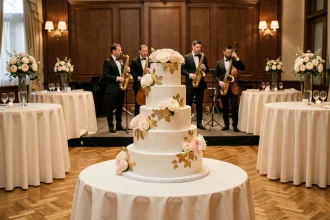 Gâteau de mariage élégant à cinq étages au premier plan d'un bal de réception avec un quatuor de jazz en arrière-plan